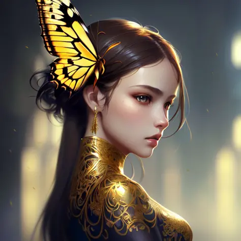 Style-Empire, 8k portrait of beautiful young woman with brown hair, intricate, elegant, highly detailed, majestic, digital photography, art by artgerm ruan jia and greg rutkowski surreal wet paint gold butterfly filigree, broken glass