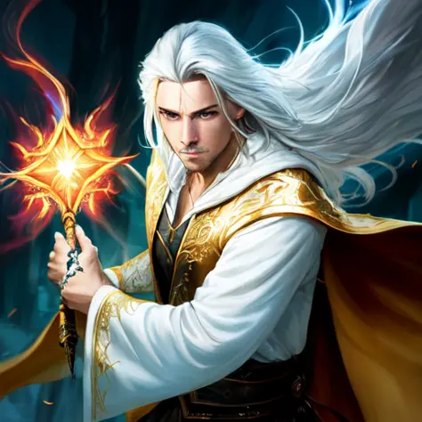 photorealistic photo of a handsome young male wizard, white wizard shirt with golden trim, white robe moving in the wind, long white hair, fully clothed, perfect face, handsome, (perfect composition:1.4), deviantart hd, artstation hd, concept art, detailed...