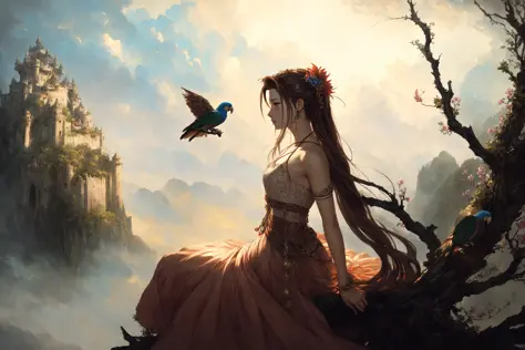 (dark dim dramatic atmosphere)+ 8k wallpaper, (nude)  ( aerith gainsborough  :1.5 ) wearing (lace : 1.3) with    Vibrant parrot sings on branch,  at A mountaintop fortress, home to a powerful sorcerer and his army of elemental golems ,  intricate, highly d...