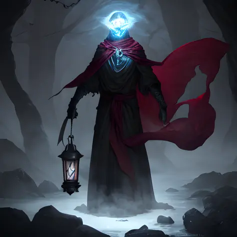 (((8k, very high resolution, masterpiece))), generate a high-resolution image of a wraith, a malevolent spirit that wanders through the mortal realm in search of souls to claim. The wraith should be depicted as a shrouded figure, its face obscured by a red rag, and its body wreathed in an ethereal, ghostly mist. The wraith should be holding a lantern that emits a spectral light, which it uses to guide the souls it deems unworthy to rest to their ultimate fate. The lantern is attached to one of his shrouded hand with a spiked chain, and should dangle under his stretched arm when pointing at the viewer. 

The setting should be dark and eerie, depicting the wraith as a harbinger of death and despair. The background is an icy, dark cave, the light weak, mostly coming from the lantern of the spectre. The colors should be muted and ominous, with a focus on shades of red and blue. Use Stable Diffusion to ensure the generated image is visually consistent and coherent, with a high level of detail and realism.