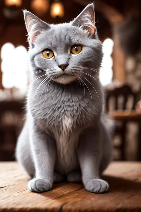 modelshoot style, 8k, portrait of a cute grey \(russian blue\) cat sitting on a wooden table in a medieval tavern, detailed fur, trending on ArtStation, trending on CGSociety, Intricate, High Detail, Sharp focus, dramatic lighting, digital painting, digita...