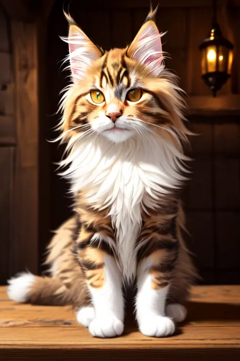 modelshoot style, 8k, portrait of a cute maine coon cat sitting on a wooden table in a medieval tavern, detailed fur, trending on ArtStation, trending on CGSociety, Intricate, High Detail, Sharp focus, dramatic lighting, digital painting, digital art, by a...