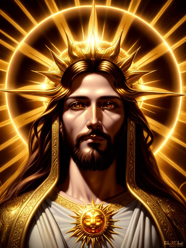 highly detailed portrait of a jesus christ sun god halo of light, gold, unreal engine, art by mark ryden, lostfish, earl norem, global illumination, god rays, detailed and intricate environment, elden ring style