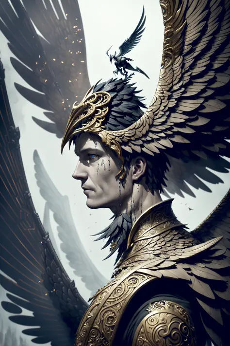 (dark dim dramatic atmosphere)+ 8k portrait man with wings on it's head and a broken wing on his head, in drip modern clothing, intricate, highly detailed, digital painting, smooth, sharp focus, illustration, unreal engine 5, 8 k, art by artgerm and greg r...
