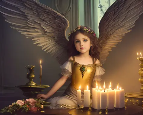 portrait of beautiful cupid with wings, sitting in a room, paintings on the wall, mirrors on the wall, candles,, flowers, fireplace, slate atmosphere, cinematic, key light, dimmed colors, dark shot, muted colors, film grainy, out, insane details, intricate...