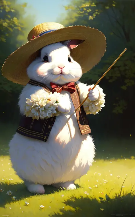 (extremely detailed CG unity 8k wallpaper), full shot photo of the most beautiful artwork of a fat bunny wearing a straw hat, green meadow, sunny day, optimism, professional majestic oil painting by Ed Blinkey, Atey Ghailan, Studio Ghibli, by Jeremy Mann, ...