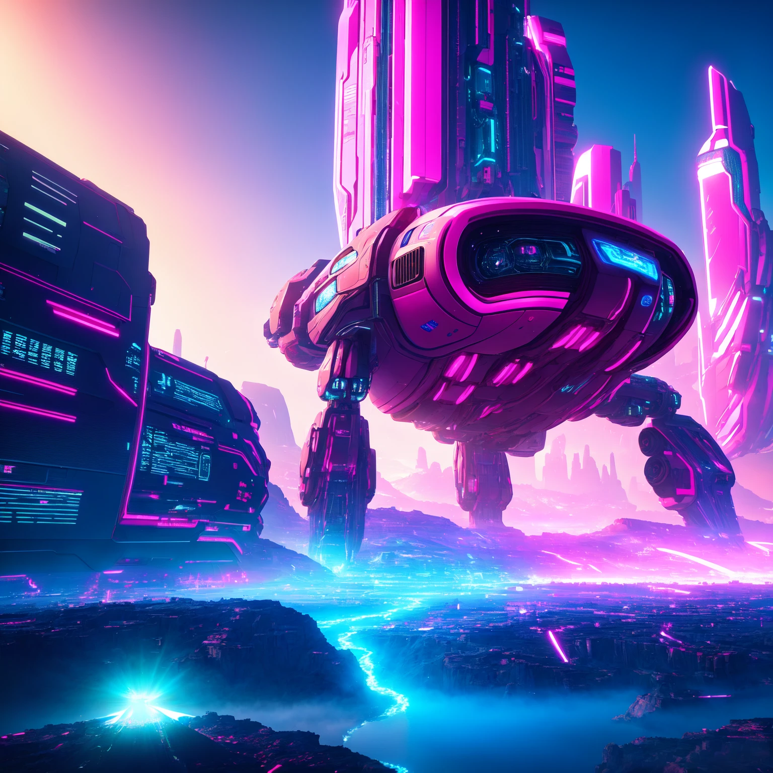 8K, UHD, RAW, hires, (photorealistic:1.4), Cinematic lighting, depth of fields, bloom, glare, lens effects, lens flares, a spaceship havoring on alien planet ,scifi, pink and blue tone, cyberpunk city, low saturation, mega robot destroy the world, 