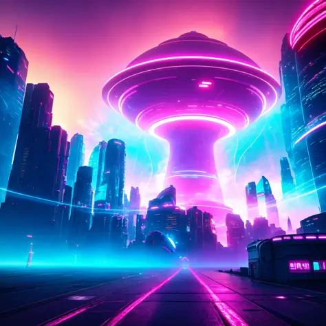 8K, UHD, RAW, hires, (photorealistic:1.4), Cinematic lighting, depth of fields, bloom, glare, lens effects, lens flares, a spaceship havoring on alien planet ,scifi, pink and blue tone, cyberpunk city, low saturation, foggy, big bang, mega robot destroy th...