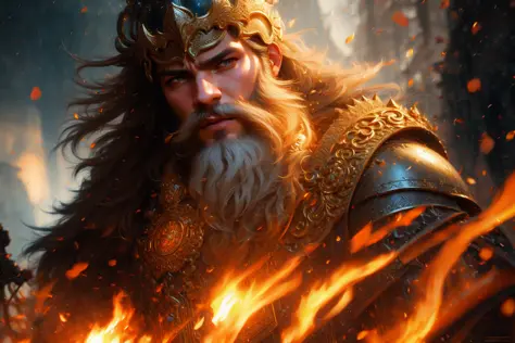 (extremely detailed CG unity 8k wallpaper), knight, (male), beard, intricate detail, fire, ((battle)), zoom, 35mm, depth of field, sword, helmet, photorealistic, dramatic, intense, daylight, professional majestic oil painting by Ed Blinkey, Atey Ghailan, b...
