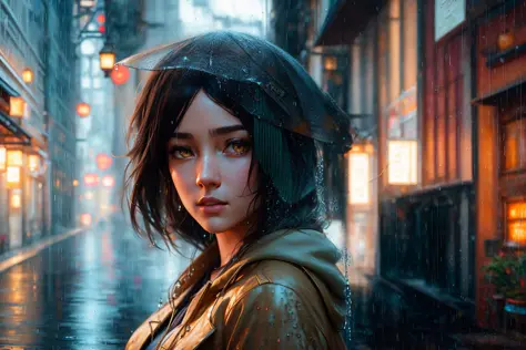 (extremely detailed CG unity 8k wallpaper), looking towards viewer, girl, caucasian, hoodie, alley, most gritty and detailed artwork in the world, rainy day, rain, droplets, water, dark, ruin, professional majestic oil painting by Ed Blinkey, Atey Ghailan,...