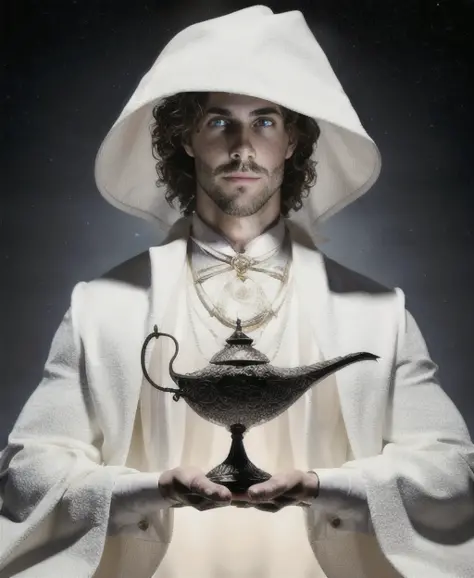 a man holding a black magical lamp <lora:genielamp:1>,white coat,photorealistic, perfect face, deviantart hd, artstation hd, concept art, detailed face and body, award-winning photography, margins, (detailed face:1.6), detailed hands,backlight,12k ultrarea...