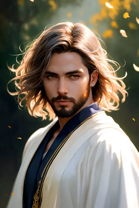 (masterpiece), (extremely intricate), photorealistic photo of a handsome male wizard, short beard, white wizard shirt with golden trim, white robe moving in the wind, long white hair, fully clothed, perfect face, handsome, (perfect composition:1.4), devian...
