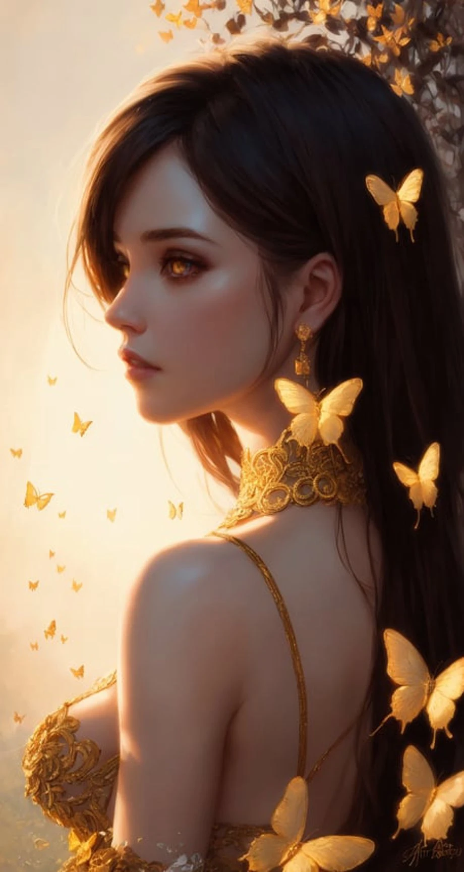 8k portrait of beautiful cyborg with brown hair, intricate, elegant, highly detailed, majestic, digital photography, art by artgerm and ruan jia and greg rutkowski surreal painting gold butterfly filigree, broken glasasterpiece, sidelighting, finely detailed beautiful eyes: 1.2), hdr