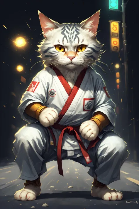 <lora:cat-000008:0.6> c4ttitude, wearing white karate outfit, red bandana, focusing energy, street fighter