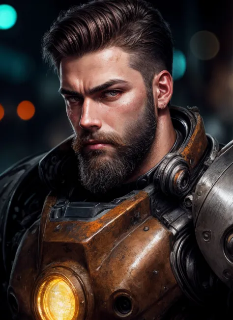 close up Portrait photo of muscular bearded guy in a worn mech suit, ((light bokeh)), intricate, (steel metal [rust]), elegant, sharp focus, photo by greg rutkowski, soft lighting, vibrant colors, masterpiece, ((streets)), detailed face <lora:more_details:...