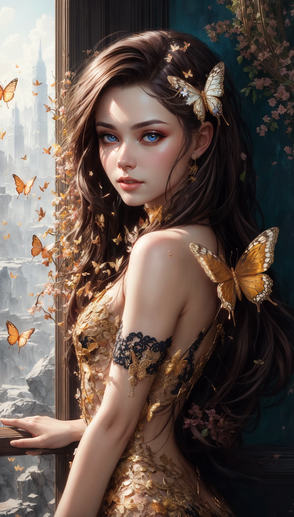 8k portrait of beautiful cyborg with brown hair, intricate, elegant, highly detailed, majestic, digital photography, art by artgerm and ruan jia and greg rutkowski surreal painting gold butterfly filigree, broken glasasterpiece, sidelighting, finely detailed beautiful eyes: 1.2), hdr, 