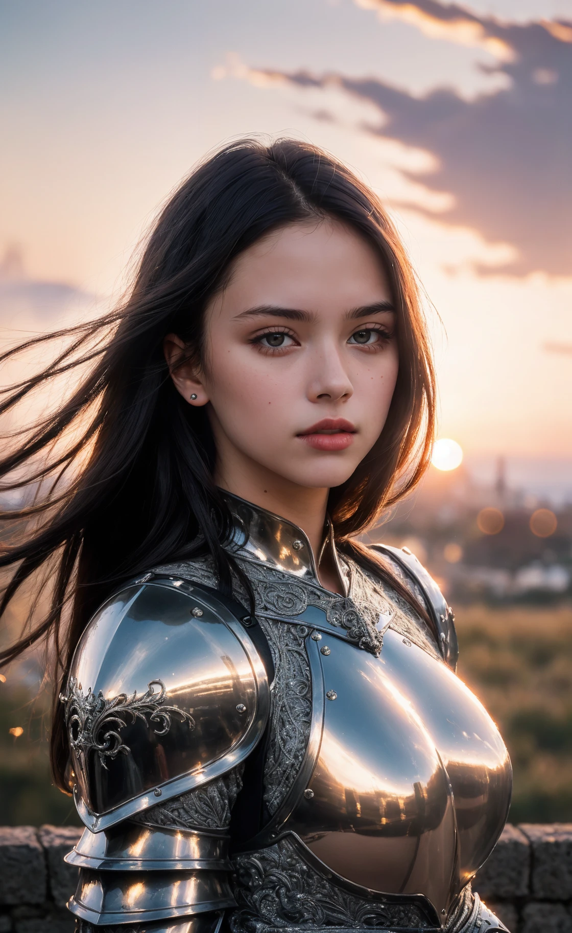 (masterpiece), (extremely intricate:1.3), (realistic), portrait of a girl, the most beautiful in the world, (medieval armor), metal reflections, upper body, outdoors, intense sunlight, far away castle, professional photograph of a stunning woman detailed, sharp focus, dramatic, award winning, cinematic lighting, octane render  unreal engine,  volumetrics dtx, (film grain, blurry background, blurry foreground, bokeh, depth of field, sunset, motion blur:1.3), chainmail