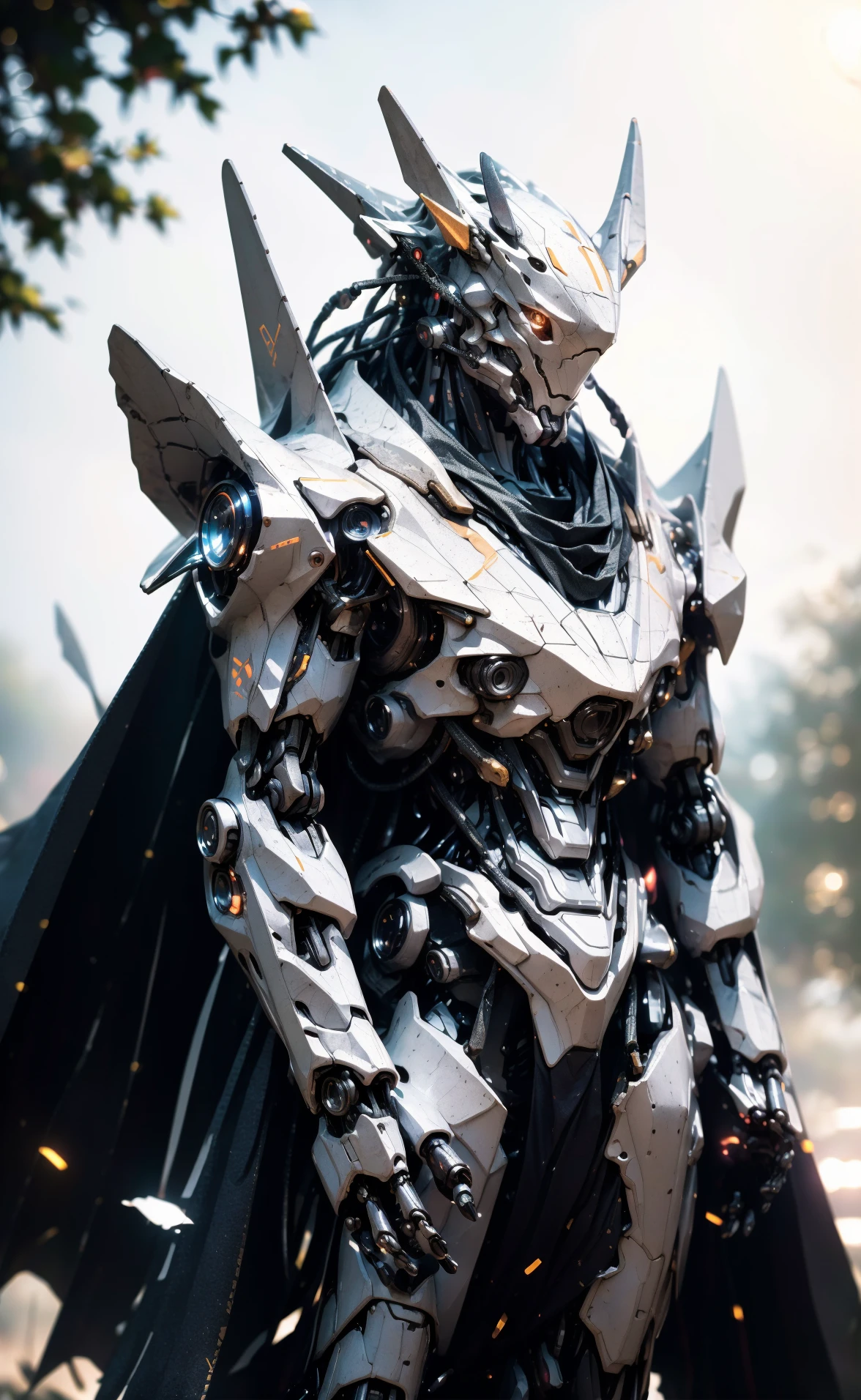 cgmech, (realistic)
solo, white mecha robot, cape, science fiction, torn clothes, glowing, standing, robot joints, mecha, armor, cowboy shot, (floating cape), intense sunlight, silver dragonborn, outdoors, landscape, nature
, ((masterpiece, best quality)),  volumetrics dtx, (film grain, blurry background, blurry foreground, bokeh, depth of field, motion blur:1.3)