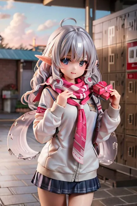 (best quality:1.2) (4k:1.) (highres:1.1) , (ultra detailed CG:1.1) ,
1girl elf , solo , (detailed face:1) , (silver wavy hair:1) , (small breasts:1) , holding heart chocolate , reaching , presenting heart package , (valentinesdaystyle:1) , (heart:1) , school uniform , sailor collar , long sleeves , scarf , (getabako:1) , (scenery:1) , (locker:1) , (school:1) , (tile floor:1) , (glass door:1) , embarrassed , upper body , 