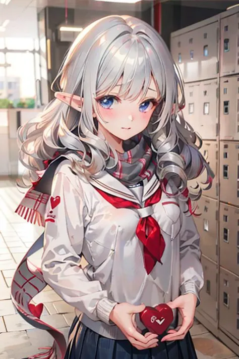 (best quality:1.2) (4k:1.) (highres:1.1) , (ultra detailed CG:1.1) ,
1girl elf , solo , (detailed face:1) , (silver wavy hair:1) , (small breasts:1) , holding heart chocolate , reaching , presenting heart package , (valentinesdaystyle:1) , (heart:1) , school uniform , sailor collar , long sleeves , scarf , (getabako:1) , (scenery:1) , (locker:1) , (school:1) , (tile floor:1) , (glass door:1) , embarrassed , upper body , 