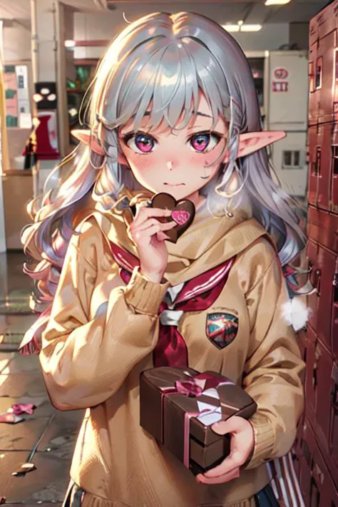 (best quality:1.2) (4k:1.) (highres:1.1) , (ultra detailed CG:1.1) ,
1girl elf , solo , (detailed face:1) , (silver wavy hair:1) , (small breasts:1) , holding heart chocolate , reaching , presenting heart package , <lora:Valentines-day-style-darquelilly-v1:.8> (valentinesdaystyle:1) , (heart:1) , school uniform , sailor collar , long sleeves , scarf , <lora:getabako2_SD15_V2:.8> (getabako:1) , (scenery:1) , (locker:1) , (school:1) , (tile floor:1) , (glass door:1) , embarrassed , upper body , <lora:Gloomifier_TheDread_V1_LECO:-.4>