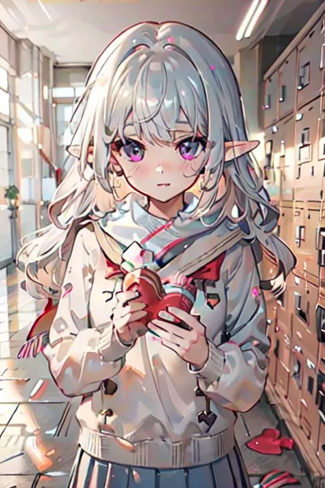 (best quality:1.2) (4k:1.) (highres:1.1) , (ultra detailed CG:1.1) ,
1girl elf , solo , (detailed face:1) , (silver wavy hair:1) , (small breasts:1) , holding heart chocolate , reaching , presenting heart package , (valentinesdaystyle:1) , (heart:1) , school uniform , sailor collar , long sleeves , scarf , (getabako:1) , (scenery:1) , (locker:1) , (school:1) , (tile floor:1) , (glass door:1) , embarrassed , upper body , 