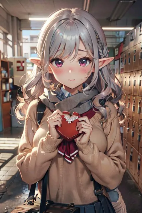 (best quality:1.2) (4k:1.) (highres:1.1) , (ultra detailed CG:1.1) ,
1girl elf , solo , (detailed face:1) , (silver wavy hair:1) , (small breasts:1) , holding heart chocolate , reaching , presenting heart package , <lora:Valentines-day-style-darquelilly-v1:.8> (valentinesdaystyle:1) , (heart:1) , school uniform , sailor collar , long sleeves , scarf , <lora:getabako2_SD15_V2:.8> (getabako:1) , (scenery:1) , (locker:1) , (school:1) , (tile floor:1) , (glass door:1) , embarrassed , upper body , <lora:Gloomifier_TheDread_V1_LECO:-.4>