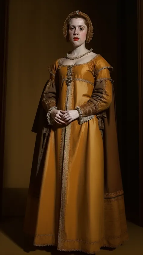 a woman in a yellow dress and a gold cape