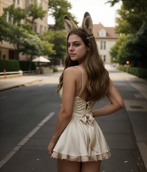 a woman in a dress with a cat ears on her head