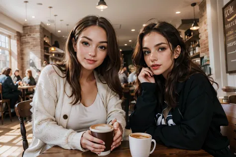 2 women, sitting behind a table, inside a cafe, coffee date, table, coffee cup, playful ambiance, high quality, masterpiece