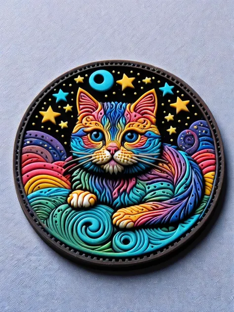 A ral-rubberpatch fluffy tabby cat curled up on a patch of shimmering nebula, gazing dreamily at a shooting star made of tiny se...