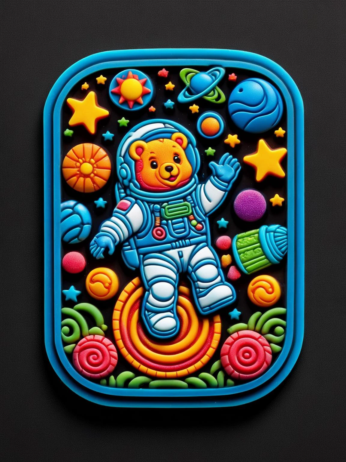 キャンディーカラーのゴムパッチで作られた惑星を通り過ぎて浮かぶ、ラルゴムパッチのミニチュアグミベア宇宙飛行士, 輝くスターバースト星雲に手を伸ばす 