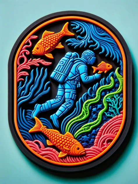 A ral-rubberpatch lone diver plunging into a vibrant coral reef made of fluorescent rubber, with glowing fish weaving through th...