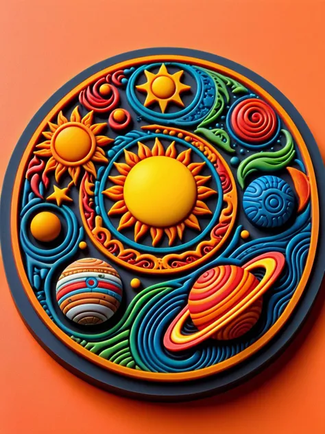 A visually stunning ral-rubberpatch solar system model where each planet is a vibrant, patterned rubber ball, orbiting around a ...