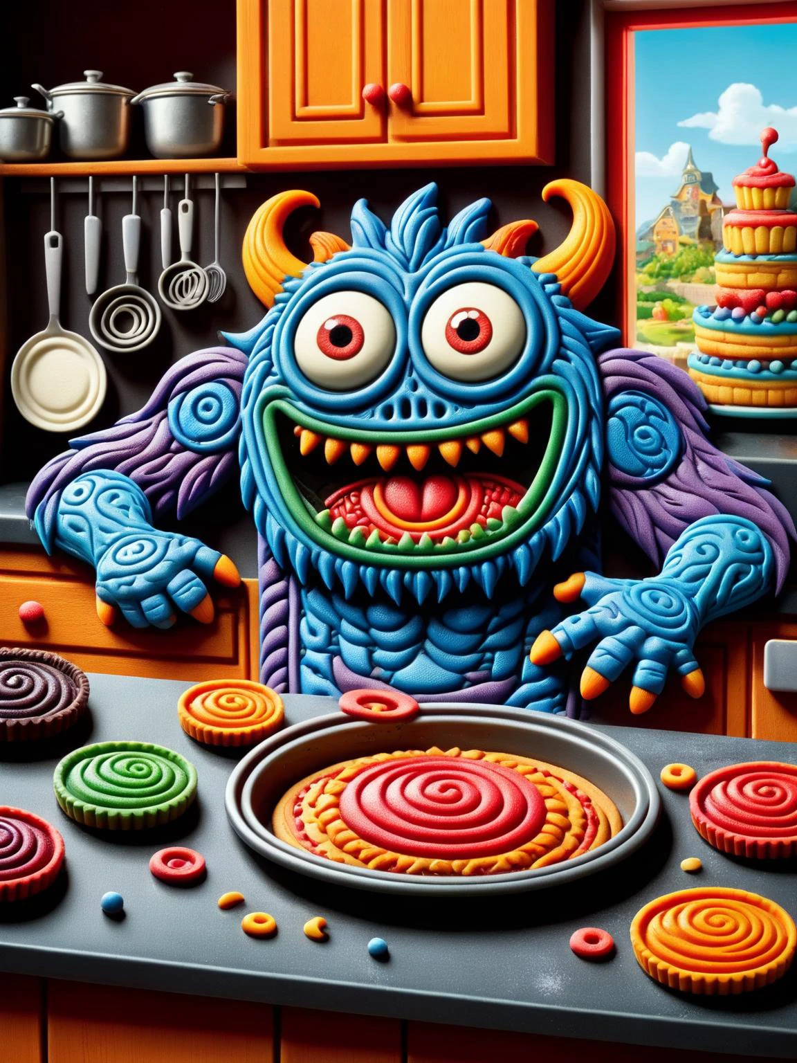 A funny ral-rubberpatch scene of a cartoon monster participating in a baking contest, with detailed expression of concentration and kitchen chaos in the background. 