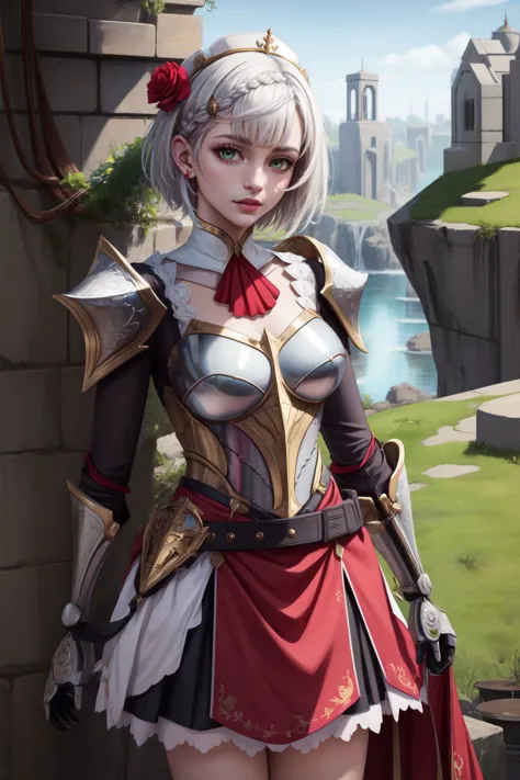 photorealistic, octane render, best quality, 1girl, petite, short girl, noelle gi, short hair, white hair, green eyes, braid, hair flower, red rose, knight armor, fantasy armor, maid skirt, belt, looking at viewer, sharp focus, (8k), (4k), (Masterpiece), (Best Quality), (realistic skin texture), extremely detailed, intricate, hyper detailed, illustration, soft lighting, high resolution, sharp detail, vivid, colorful, outdoors, nature, <lora:noelle by Goofy Ai:1> <lora:add_detail:0.6>