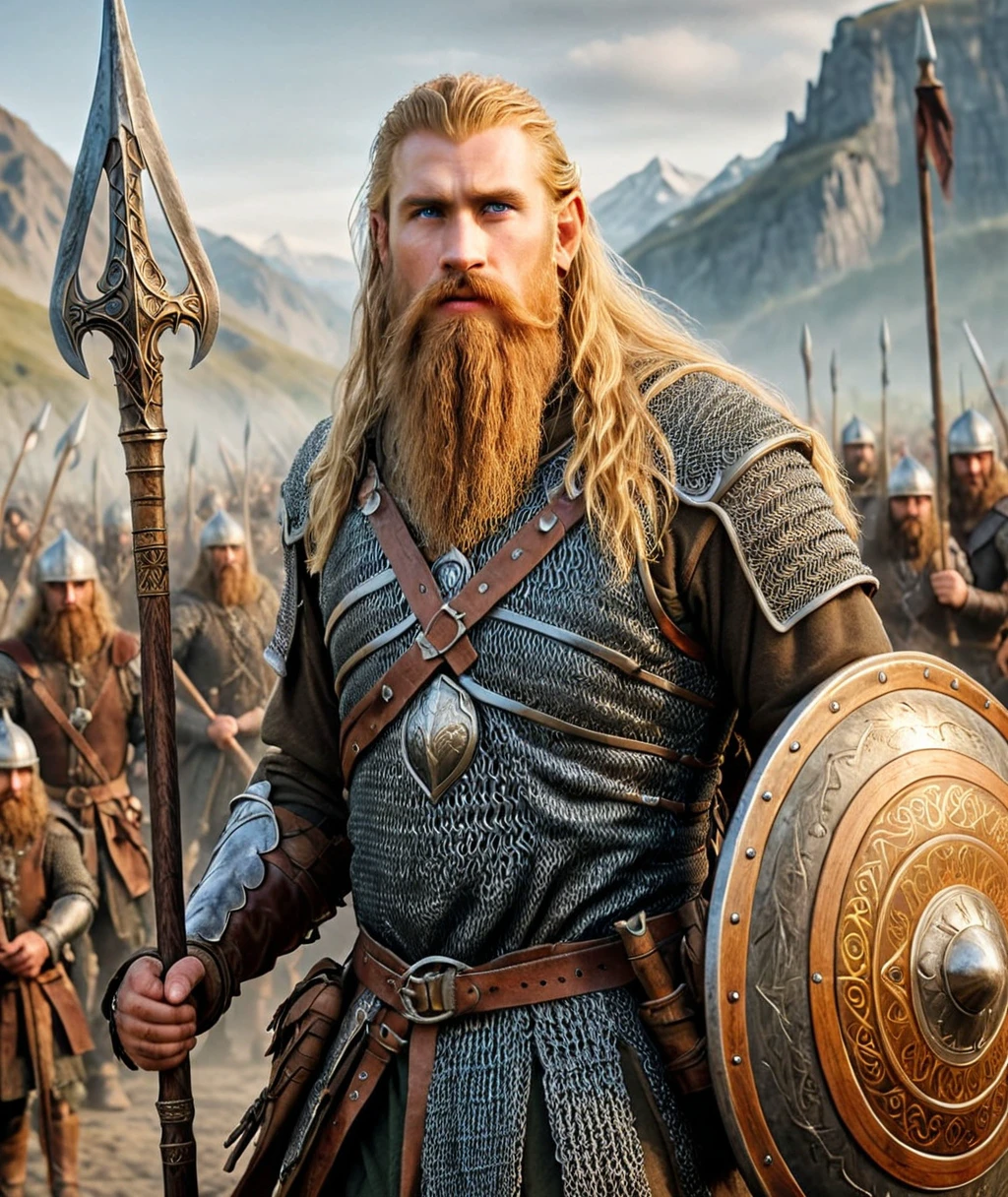 a cinematic (full body shot:1.1) of a rohirrim Horseman holding a (spear and a wooden round shield:1.1), chain mail and leather decorated armor, (brown leather chest-armor:1.2), long blonde hair wild and windy, big very long braided beard, horse ornaments, rohirrim fort in background, plains, Rohan, middle-earth, (hkstyle:1.), rohirrim riders, Lord of the Rings style, 8k, HDR, UHD, insane details, award-winning photo, Cinematic Hollywood Film style, hand