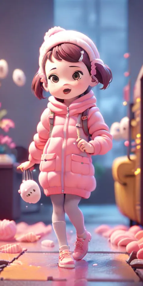 a girl in a pink coat and hat walking down a street