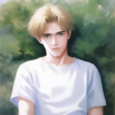 1990s \(style\), 1boy, blonde hair, white shirt, oil painting,
