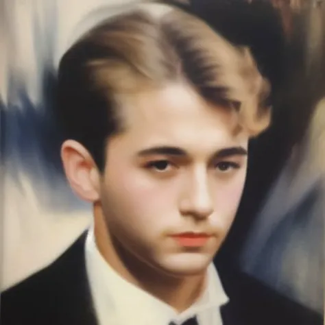 1950s \(style\), 1man, blonde hair, white shirt, oil painting, head portrait