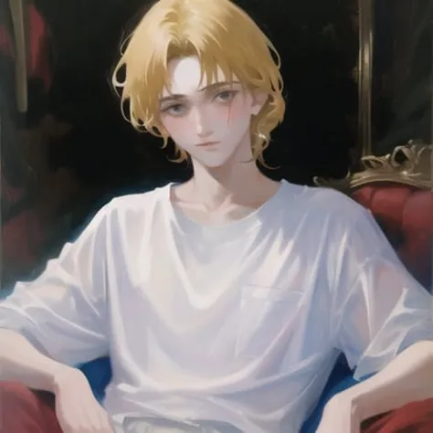 1990s \(style\), 1boy, blonde hair, white shirt, oil painting,