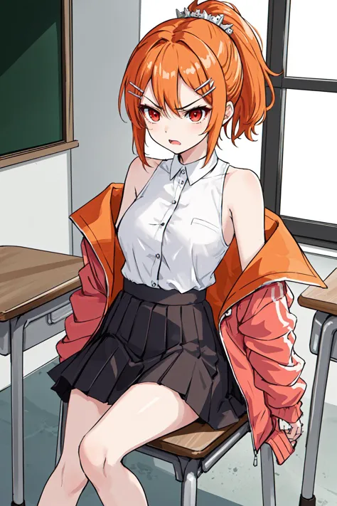 anime girl sitting on a chair in a classroom with a blackboard