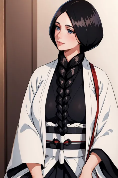 masterpiece, best quality, <lora:unohanaretsu-nvwls-v1-000009:0.9> unohana retsu, single braid, white coat, black kimono, large ...