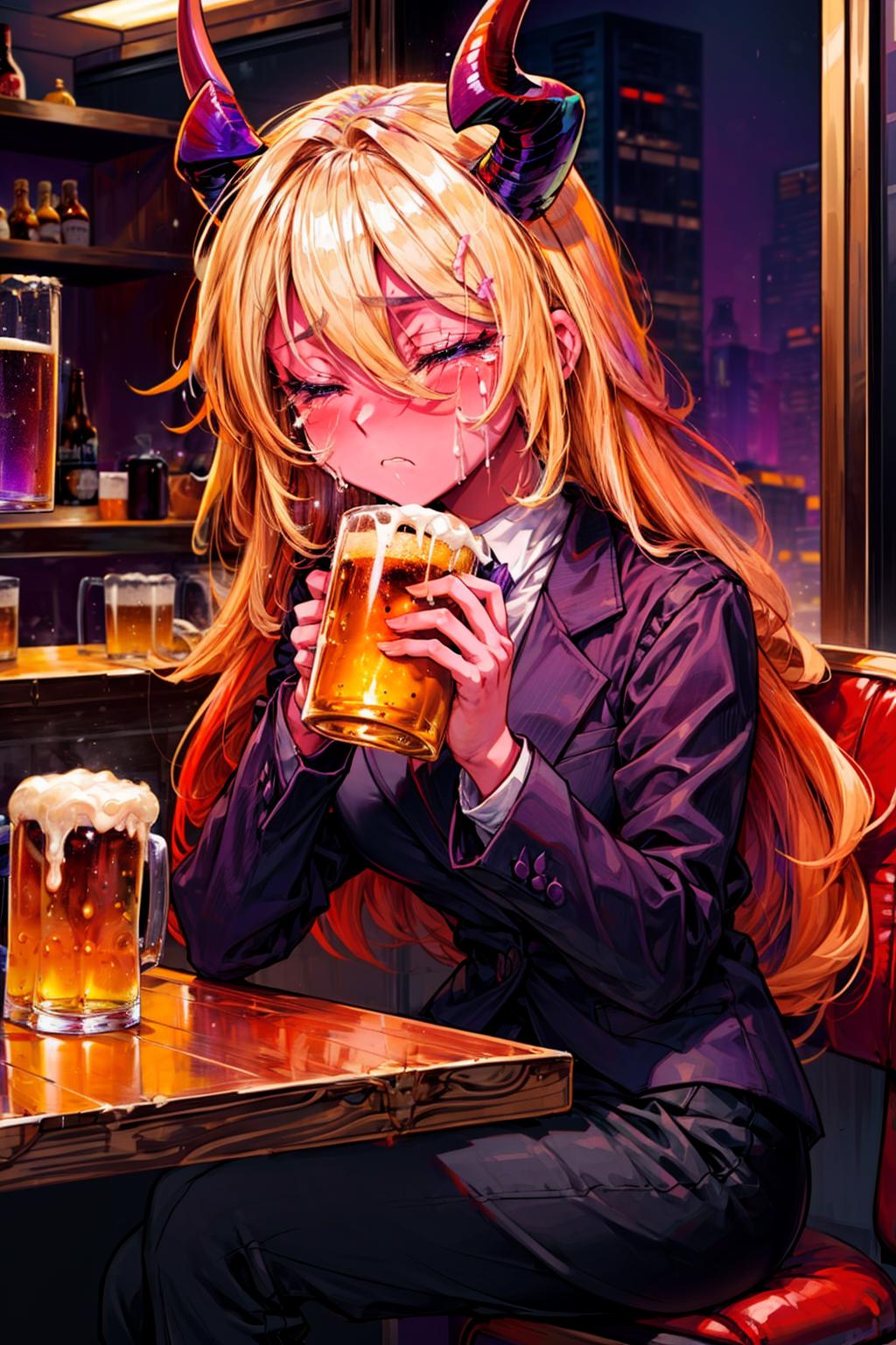 Anime girl drinking beer in a bar with horns on her head - SeaArt AI