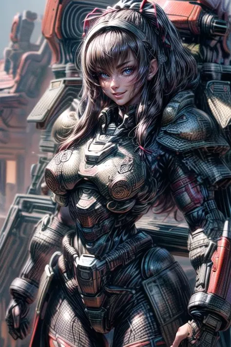 a woman in armor standing in front of a giant machine