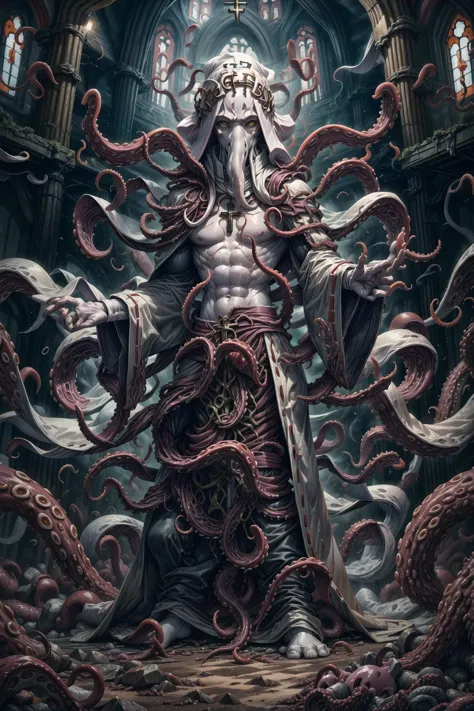 a painting of a man with tentacles in his hands