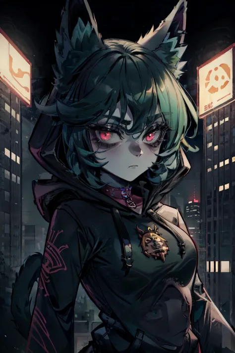 original-art, inked, lineart, masterpiece, best quality, 1girl,  <lora:Mild detail adjusterV10:0.8>,  <lora:betterEyes:0.3>, vex <lora:vex3:0.7>, grey skin, hoodie, goth, cat ears, bored face, dark green hair with black, city at night background,  <lyco:EnvyGoth01:1>,  <lora:bags under eyes:0.7>