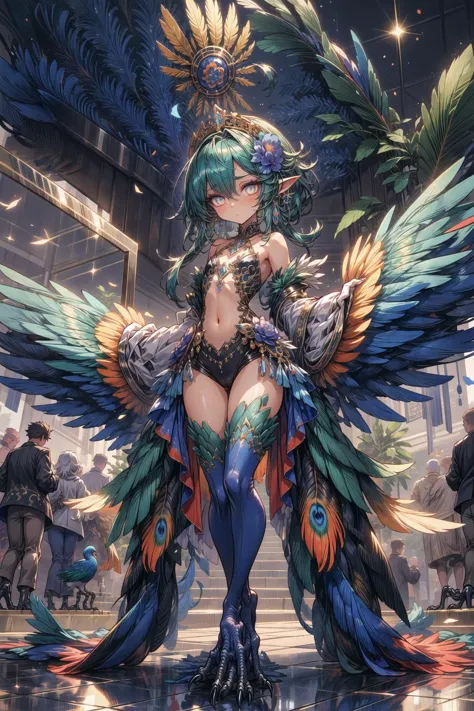 <lora:flat2:-1>, <lora:peacock-noise:1>, Peacock, flat chest, monster girl, <lora:harpy-1_harpy-2--harpy-3_harpy-4:0.8>, bird wings, bird legs, bird tail, claws, She possessed a beauty that could capture people's gazes in an instant. Her hair shimmered with a deep emerald hue, while her eyes sparkled with a sapphire blue. Feathers sprouted from her, radiating vibrant colors. These were the traits of a very rare species known as peacock harpy, characterized by their brilliantly colored plumes. However, there was one curious aspect about her. Among the Peafowl Harpies, it was the males who possessed ornate feathers, while the females were expected to have subdued plumage.