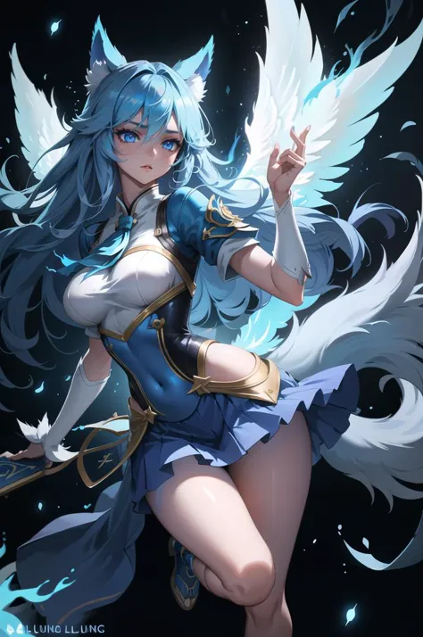 fullbody, young woman, Ahri, angel girl, (blue skin), wings, luminous burning hair, luminous burning eyes, fantasy clothes, blue light, blue light particles, blue flame