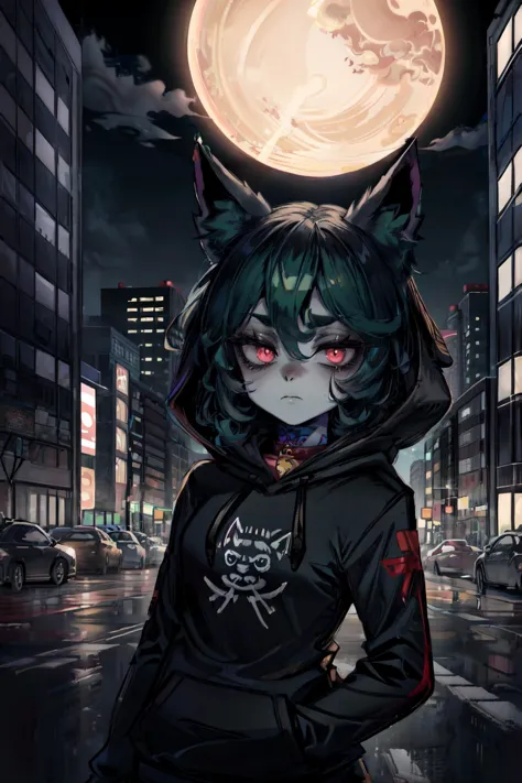 original-art, inked, lineart, masterpiece, best quality, 1girl,  <lora:Mild detail adjusterV10:0.8>,  <lora:betterEyes:0.3>, vex <lora:vex3:0.7>, grey skin, hoodie, goth, cat ears, bored face, dark green hair with black, city at night background,  <lyco:EnvyGoth01:1>,  <lora:bags under eyes:0.7>